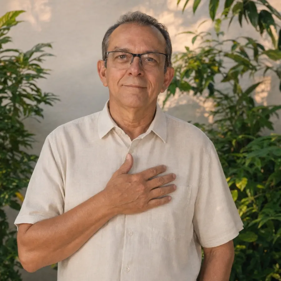 Daniel Costa Sousa em retrato caloroso, com a mão no peito