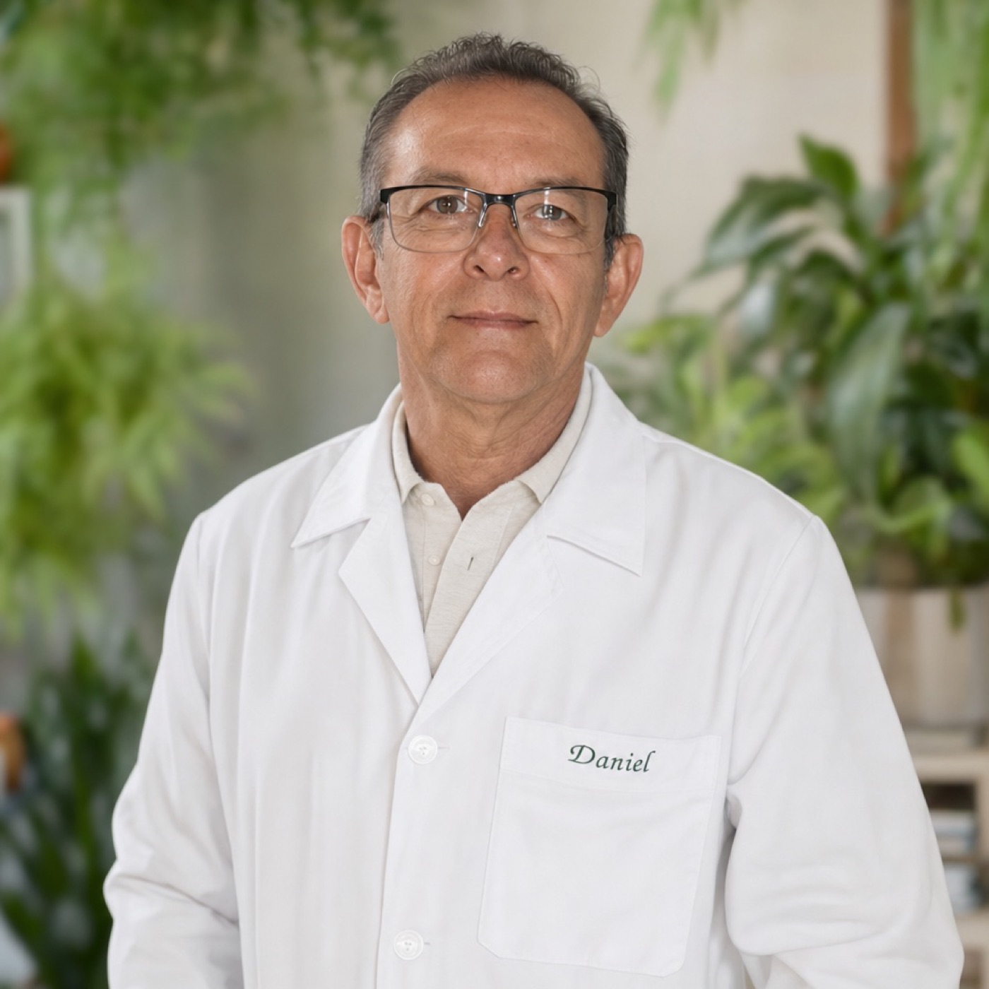 Retrato de Daniel Costa Sousa, terapeuta naturalista, de jaleco entre plantas