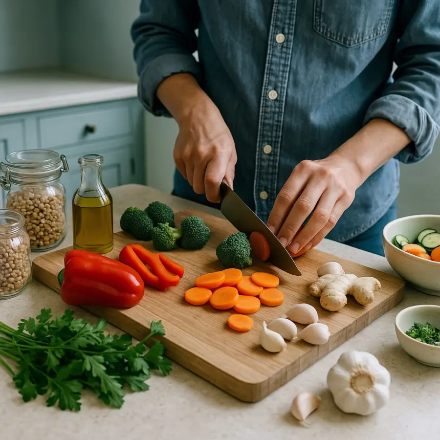 Preparo do Caldo que Levanta — legumes, couve e alho