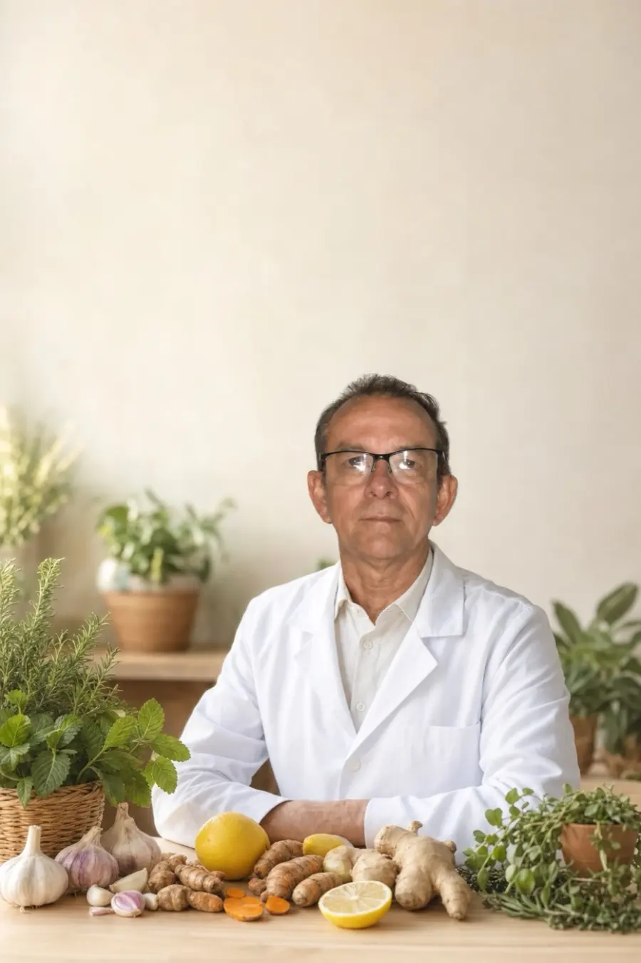 Daniel Costa Sousa à mesa com alho, cúrcuma, gengibre e limão da sua farmácia natural